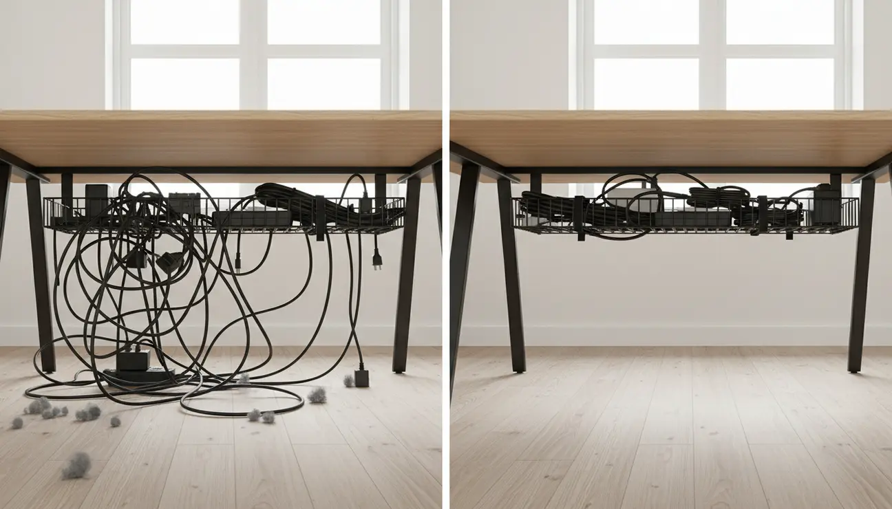 Desk cable management before and after comparison tray.