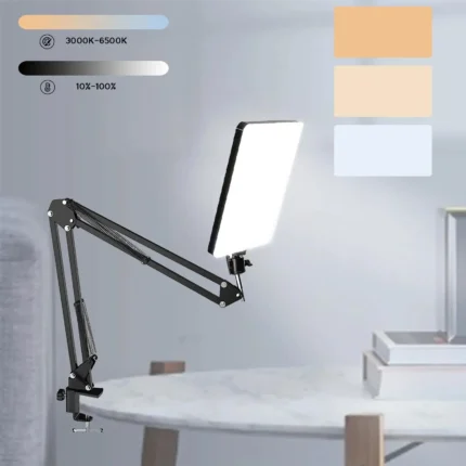 Desk mount LED video light with articulated arm for streaming