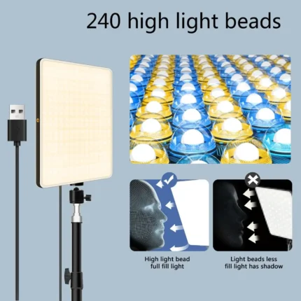 Desk mount LED video light with articulated arm for streaming