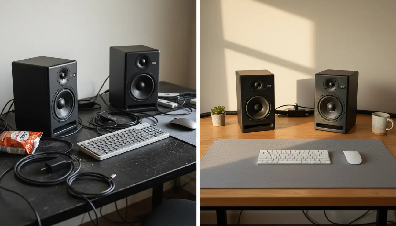 Before and after desktop speaker positioning setup.