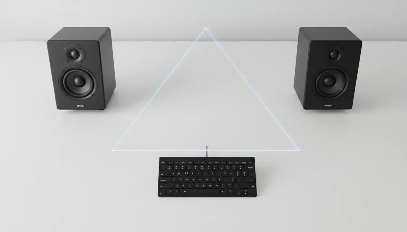 Equilateral triangle for desktop speaker positioning.