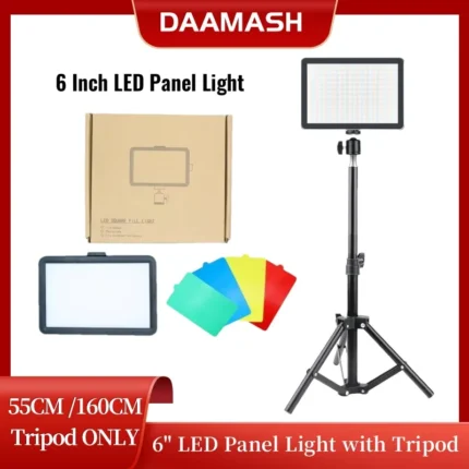 Dimmable LED panel light kit with 160cm tripod and color filters.