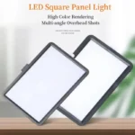 Dimmable LED panel light kit with 160cm tripod and color filters.