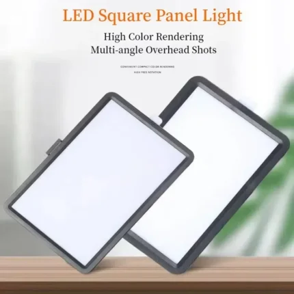 Dimmable LED panel light kit with 160cm tripod and color filters.