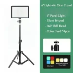 Dimmable LED panel light kit with 160cm tripod and color filters.