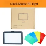 Dimmable LED panel light kit with 160cm tripod and color filters.