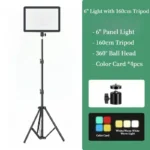 Dimmable LED panel light kit with 160cm tripod and color filters.