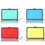 Dimmable LED panel light kit with 160cm tripod and color filters.