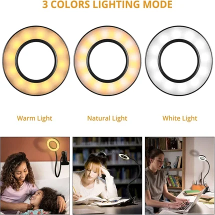 Dimmable USB Clip-on Ring Light with Flexible Gooseneck