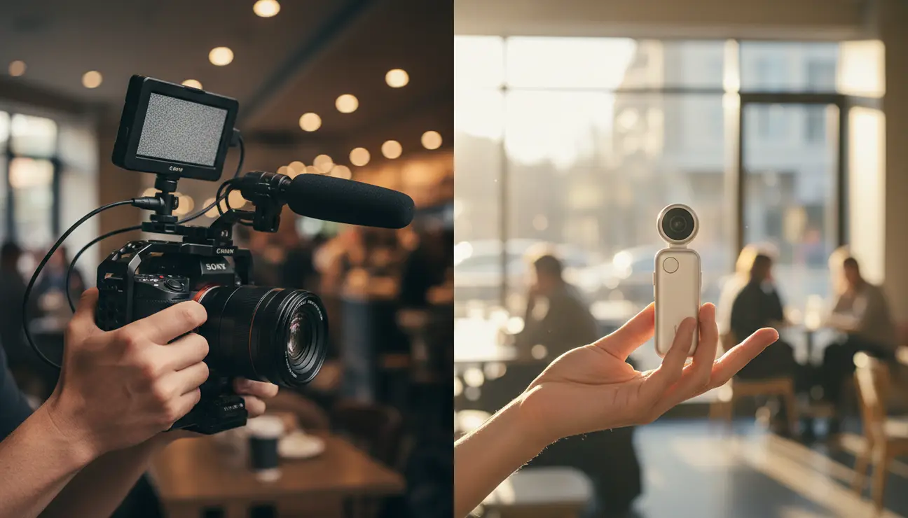 Split screen comparing bulky camera rig vs discreet vlogging gear.