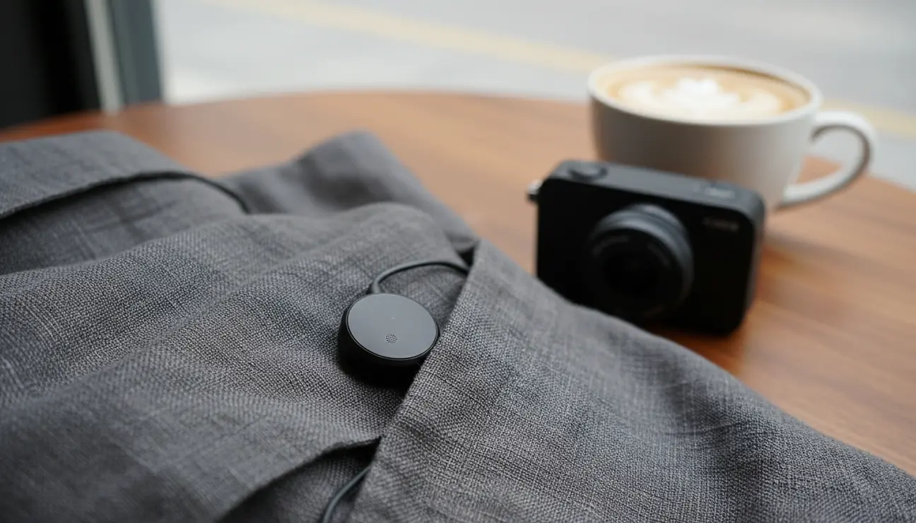 Discreet wireless microphone clipped to a shirt collar.