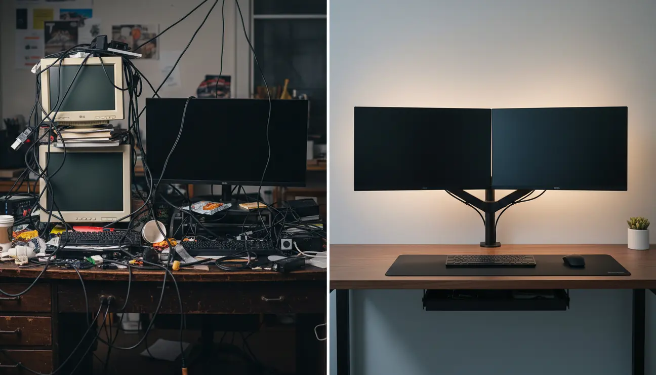 Comparison of messy vs minimalist dual monitor setup.