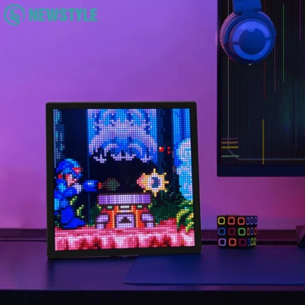 Dynamic pixel art LED display with custom animations for desk decor.