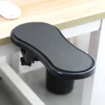Ergonomic desk armrest with clamp, adjustable swivel support for computer.