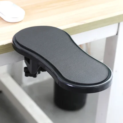 Ergonomic desk armrest with clamp, adjustable swivel support for computer.