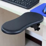 Ergonomic desk armrest with clamp, adjustable swivel support for computer.