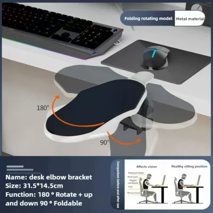 Ergonomic desk armrest with clamp, 180° rotating elbow support.