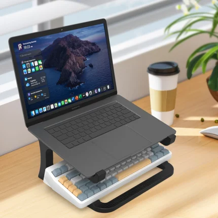 White ergonomic laptop stand with keyboard storage
