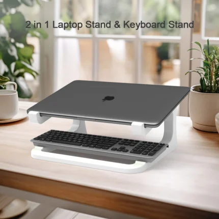 White ergonomic laptop stand with keyboard storage