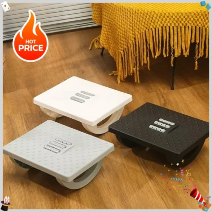 Ergonomic rocking footrest with textured massage surface for under desk use.