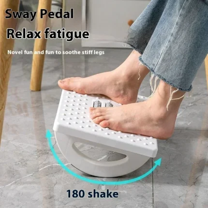 Ergonomic rocking footrest with textured massage surface for under desk use.