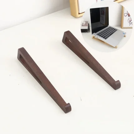 Dark brown wooden ergonomic laptop stand set with cutout