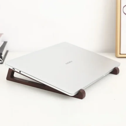 Dark brown wooden ergonomic laptop stand set with cutout