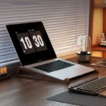 Dark brown wooden ergonomic laptop stand set with cutout