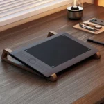 Dark brown wooden ergonomic laptop stand set with cutout