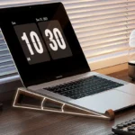 Dark brown wooden ergonomic laptop stand set with cutout