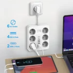 White 12-in-1 European power strip with USB-C and surge protection