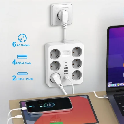 White 12-in-1 European power strip with USB-C and surge protection