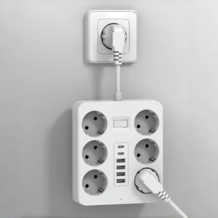 White 12-in-1 European power strip with USB-C and surge protection