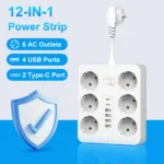 White 12-in-1 European power strip with USB-C and surge protection