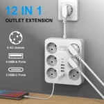 White 12-in-1 European power strip with USB-C and surge protection