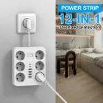 White 12-in-1 European power strip with USB-C and surge protection
