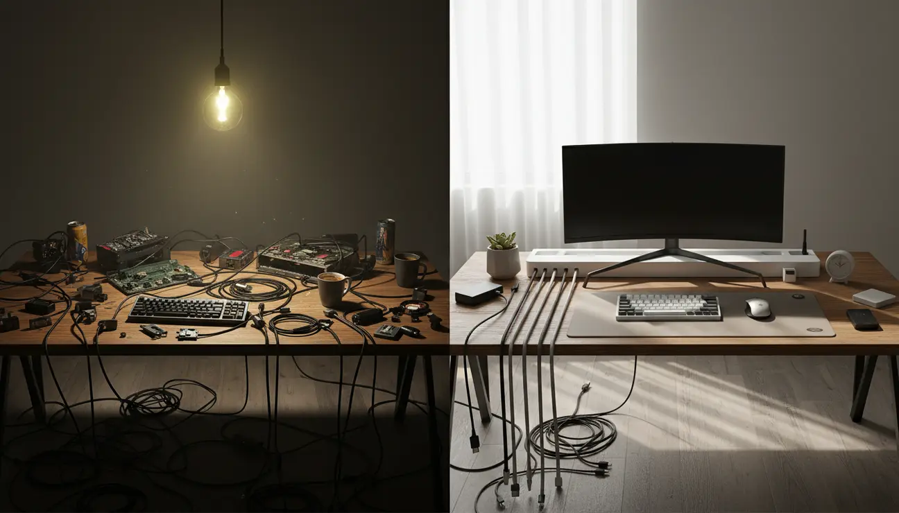 Comparison of cluttered versus professional flat lay lighting.
