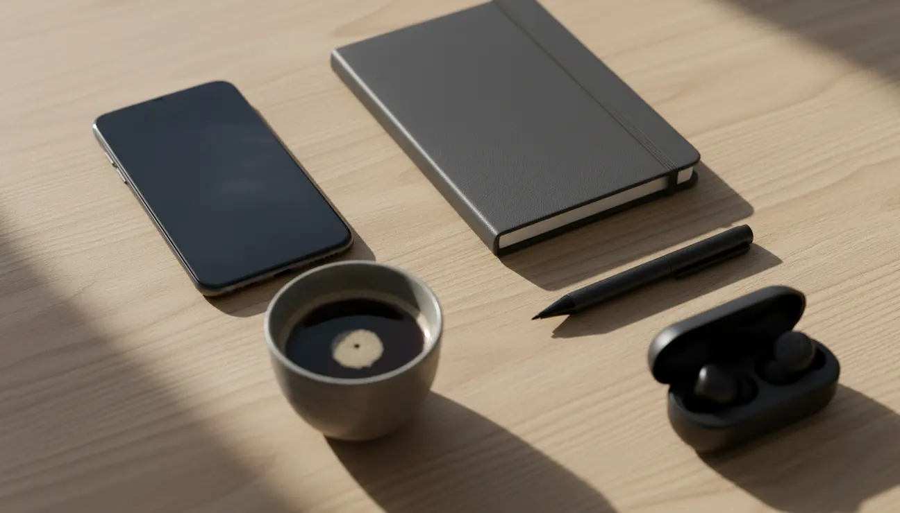 A balanced tech and lifestyle flat lay composition.