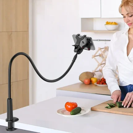 Flexible gooseneck phone holder with desk bed clamp
