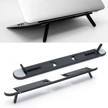 Slim adhesive foldable laptop stand elevating a black laptop.