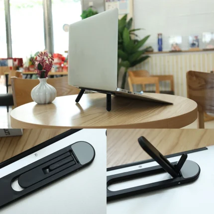 Slim adhesive foldable laptop stand elevating a black laptop.