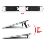 Slim adhesive foldable laptop stand elevating a black laptop.