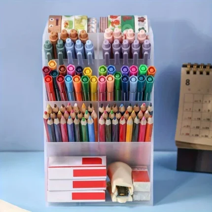 Frosted acrylic multi-tiered desk organizer with pens and pencils
