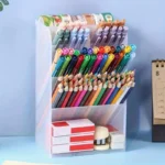 Frosted acrylic multi-tiered desk organizer with pens and pencils