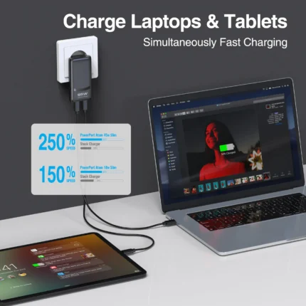 Compact 65W GaN dual USB-C fast charger with foldable plug