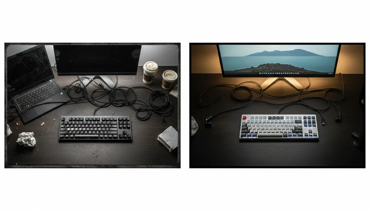 Split screen showing messy vs clean tech setup.