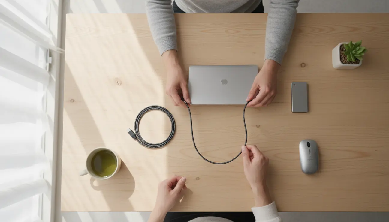 Hands unplugging cables for tech cleaning preparation.