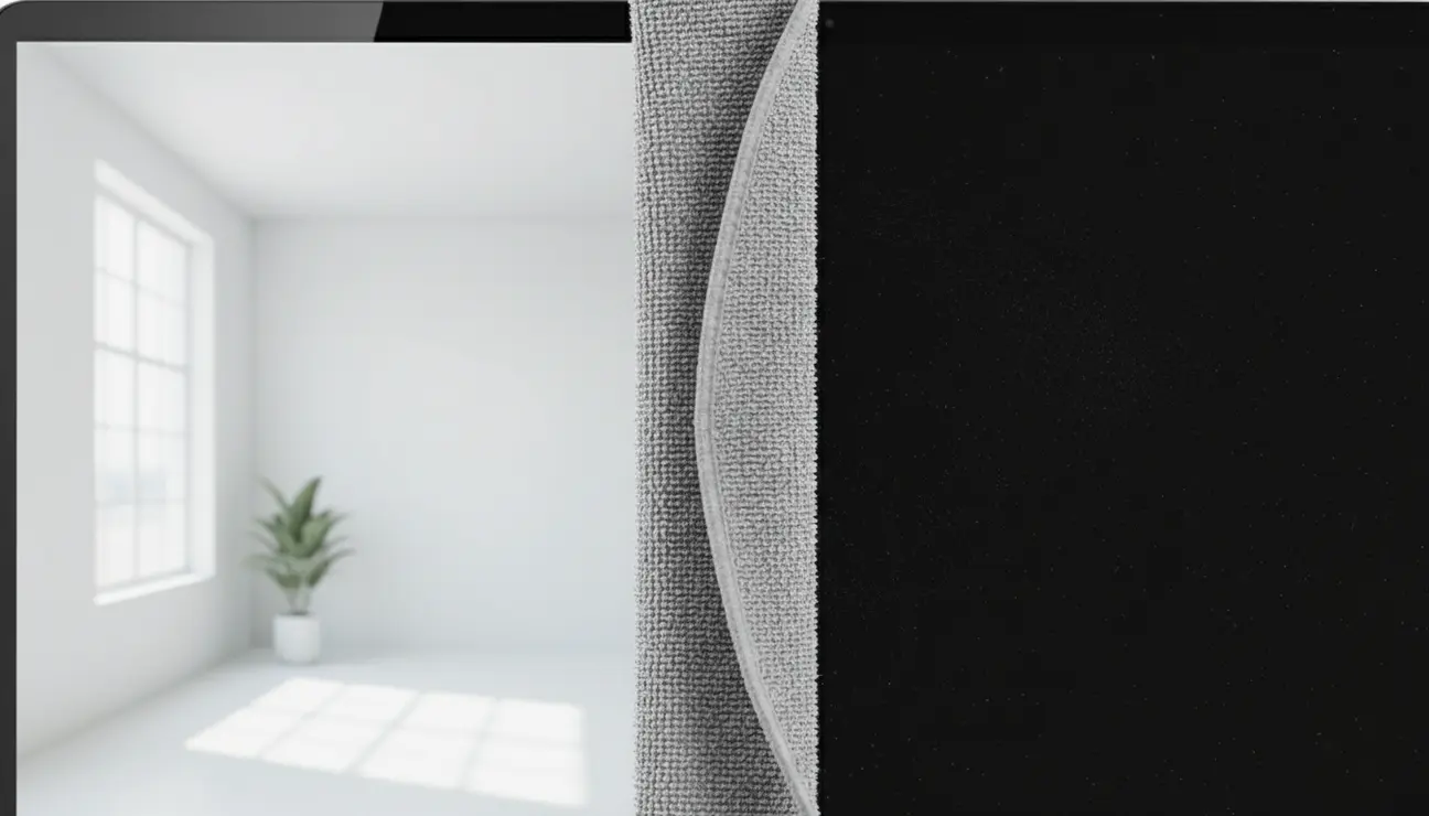 Microfiber cloth wiping a laptop screen clean.