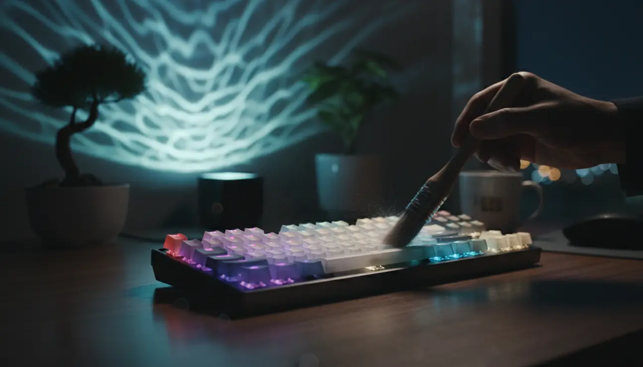 Cleaning a keyboard with a soft detail brush.