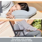 Grey inflatable camping pillow on sleeping bag in tent